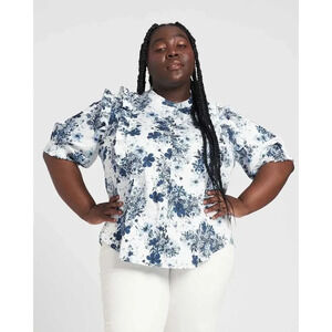 ERDEM X UNIVERSAL STANDARD Size M Kalina Short Sleeve Blue Floral Ruffle Top